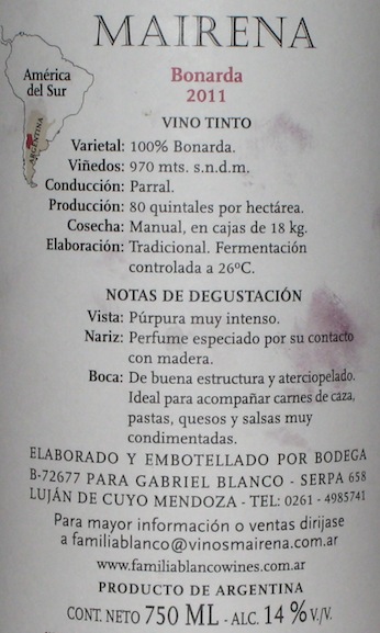 Mairena Bonarda back label